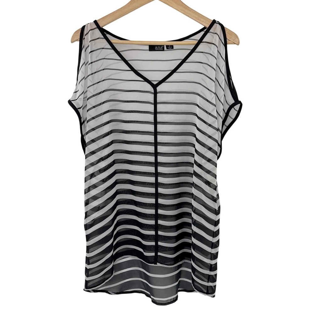 ANA A New Approach Women's Sheer Striped Cold Shoulder V Neck Top Size‎ S